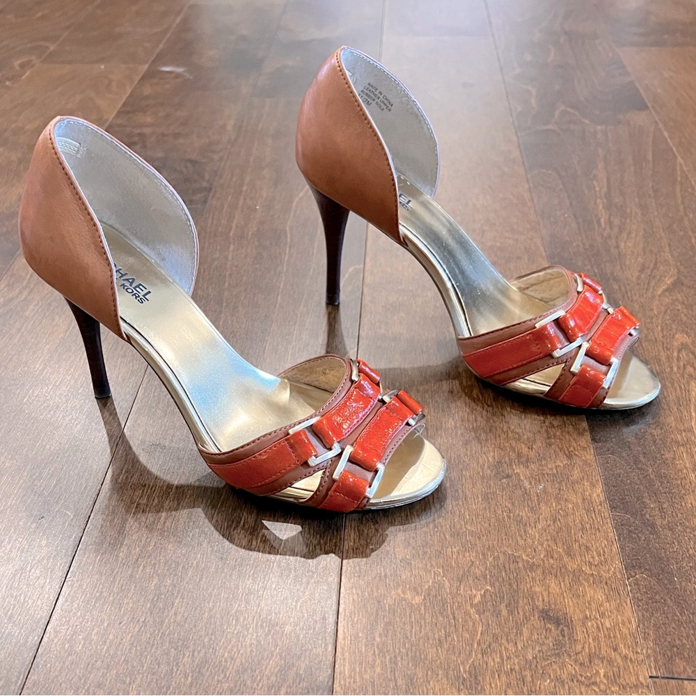 Michael Kors High Heel Sandal, Brown/Orange Accents/Gold Buckles, Women’s Sz 8.5
